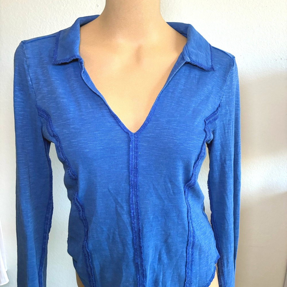Pilcro Women Stiched Long Sleeve Top Small Blue Tennis Preppy Ivy League Varsity